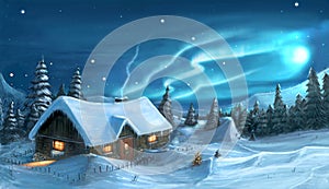 Digital Painting of Snowy Winter Christmas Night Cottage