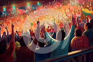 a digital painting of soccer fans cheering their team at a crowded stadium during an evening match