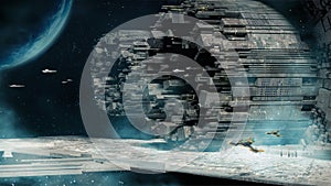 Digital painting of a space station in outer space with ships entering the dock - 3d illustration