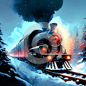 Digital painting of a steam locomotive in the winter forest. 3D illustration AI Generated