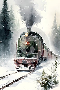 Digital painting of a steam locomotive in the winter forest. Vintage illustration