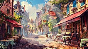 Digital painting of a street in the old town of Paris, France