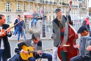 Digital painting style representing a quartet of musicians playing in the streets