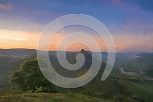 Digital painting of sunrise on Parkhouse Hill and Chrome Hill in the Peak District National Park