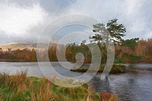 Digital painting of Tarn Hows in the English Lake District with views of Yewdale Crag, and Holme Fell during autumn