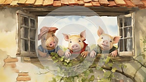 Digital Painting Of Three Little Pigs In Window