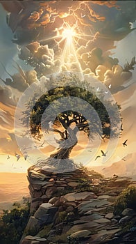 Digital painting of a tree on a cliff with birds flying in the background