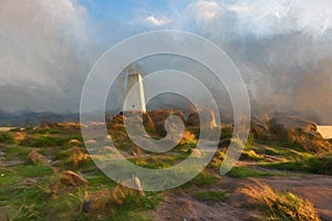 Digital painting of the trig point on top of The Roaches at sunset in the Peak District National Park