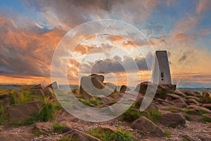 Digital painting of the trig point on top of The Roaches at sunset in the Peak District National Park