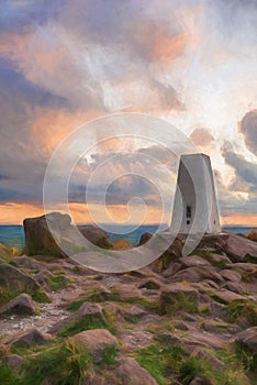 Digital painting of the trig point on top of The Roaches at sunset in the Peak District National Park