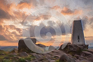 Digital painting of the trig point on top of The Roaches at sunset in the Peak District National Park