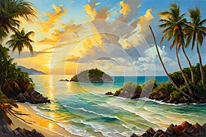 Digital painting of a tropical beach with palm trees at sunset, Seychelles