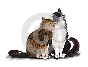 Digital painting of two cats in love