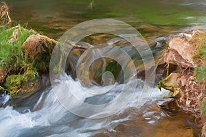 Digital painting of waterfall cascades on the River Lathkill, Lathkill Dale, Peak District, Derbyshire