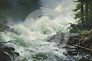 Digital painting of a waterfall in a pine forest, with water splashes, impressionism painting of tidal wave and woodland colliding