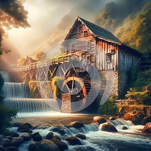 Digital painting of a watermill in the middle of the river