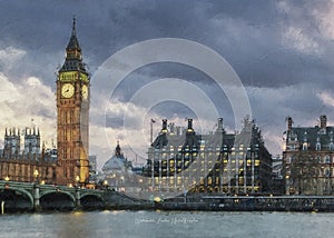 Digital painting of westminster bridge in london in UK