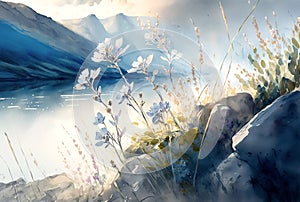 Digital painting of wildflowers and lake. Alpine landscape, morning fog, printable art