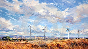 Digital painting of wind turbines in a wheat field on a sunny day, generative ai