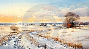 Digital Painting Of Winter Landscape In Countryside Scene