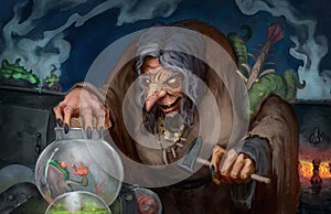 Digital painting of a witch character gathering a frog for ingredients to make a potion - fantasy illustration