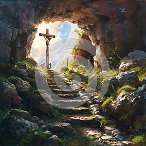 Digital painting of a wooden cross at the entrance to a cave in the mountains