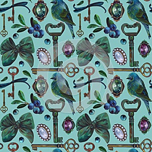 Digital paper of vintage elements: jewelry, brooches, keys, bird, blueberries.