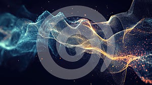Digital particles flowing, creating abstract glowing wave background