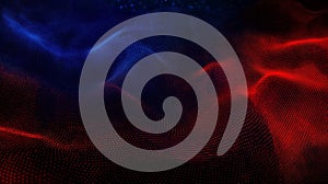 Digital particles flowing, creating a dynamic wave pattern on red and blue background