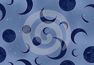 A digital pattern featuring crescent and full moon shapes in
