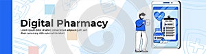 Digital pharmacy store Web Banner Design. a man makes a drug purchase through an online pharmacy store. medical prescription