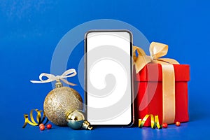 Digital phone mock up with rustic Christmas decorations for app presentation with empty space for you design. Christmas