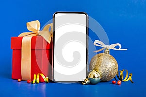 Digital phone mock up with rustic Christmas decorations for app presentation with empty space for you design. Christmas