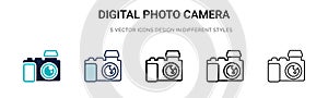 Digital photo camera icon in filled, thin line, outline and stroke style. Vector illustration of two colored and black digital