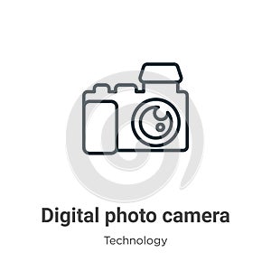 Digital photo camera outline vector icon. Thin line black digital photo camera icon, flat vector simple element illustration from