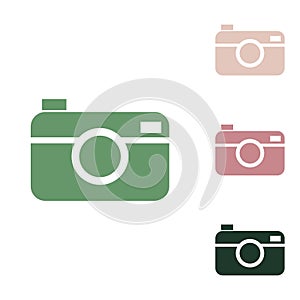 Digital photo camera sign. Russian green icon with small jungle green, puce and desert sand ones on white background photo