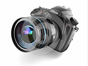 Digital photo camera on white background.