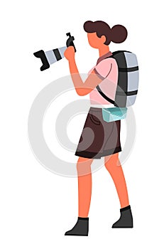 Digital photo camera woman photographer with backpack isolated character