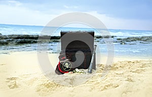 Digital Photography Background Of Pirate Chest Prop On Hawaii Beach Backdrop photo