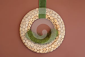 Digital Photography Background Of Wooden Wreath Prop Isolated On Brown Backdrop photo