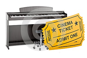 Digital piano with cinema tickets. Musicals concept, 3D rendering