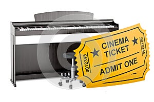 Digital piano with cinema tickets. Musicals concept, 3D rendering photo
