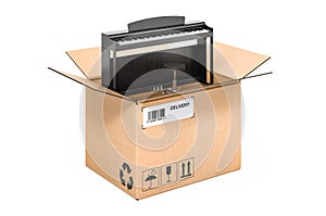 Digital piano inside cardboard box, delivery concept. 3D rendering