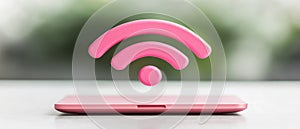 Digital pink WiFi signal icon floating above modern smartphone representing wireless internet connectivity fast mobile data photo