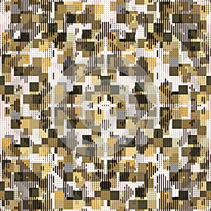 Digital pixel style modern textured mosaic seamless pattern. Golden halftone squares geometric grunge vector background. Repeat