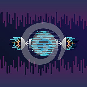 Digital planet and radar dish sound or radio wave