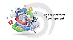 Digital platform development concept with robots and 3D elements on futuristic interface