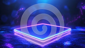 Complex digital podium mockup hovering over circuit board, symbolizing big data neon, processing, and advanced