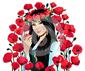 Digital portrait asian woman with apples and poppy flowers on white background, isolated
