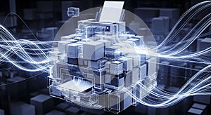 Digital printer concept with design elements and glowing line